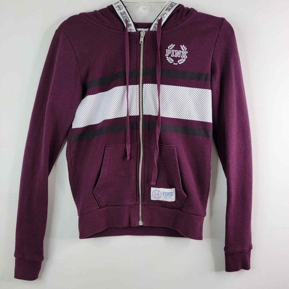 VS PINK Hoodie Jacket XS Burgundy White Stripe Full Zip‎ Pockets - Picture 7 of 7